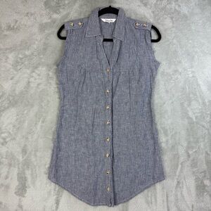 Roberta Oaks Linen Cotton Blend Blue Sleeveless Button-Down Striped Shirt Small
